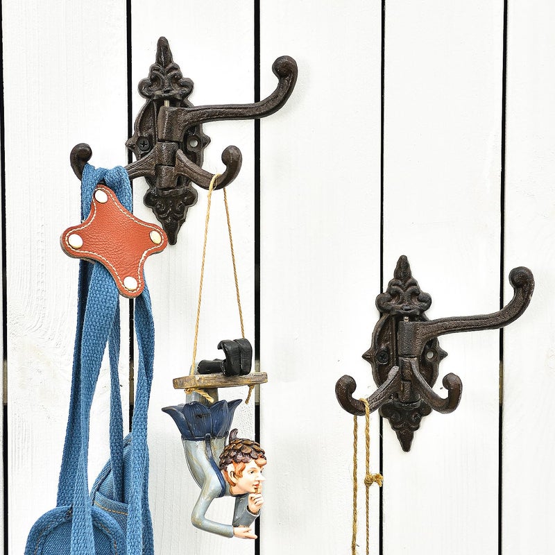Sungmor 2-Pack Cast Iron 3-in-1 Flexible & Functional Swivel Wall Hook - Vintage Coat Hook Garden Planter Hanger - Heavy Duty Solid Metal Swing Hook - Clothes Hats Towels Bags Pots Tools Hanger - Image 2